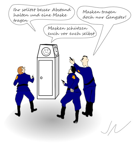 Cartoon: Uhr umstellen (medium) by Jochen N tagged maske,mundschutz,corona,pandemie,abstand,umstellung,sommerzeit,winterzeit,zeit,zeitumstellung,stunde,standuhr,polizei,einsatz,pistole,schießen,schuss,waffe,kriminell,gangster,dieb,ganove,gauner