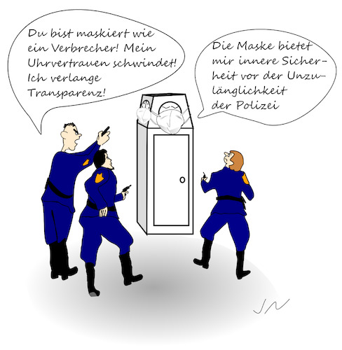 Cartoon: Uhr umstellen (medium) by Jochen N tagged maske,corona,pandemie,abstand,vertrauen,verbrecher,transparenz,sicherheit,unzulänglich,umstellung,sommerzeit,winterzeit,zeit,zeitumstellung,stunde,standuhr,polizei,einsatz,pistole,schießen,schuss,waffe,kriminell