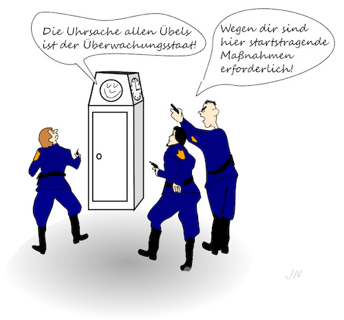 Cartoon: Uhr umstellen (medium) by Jochen N tagged umstellung,winterzeit,zeit,zeitumstellung,stunde,standuhr,polizei,einsatz,pistole,schießen,schuss,waffe,kriminell,übel,überwachung,staat,start,maßnahmen,sicherheit