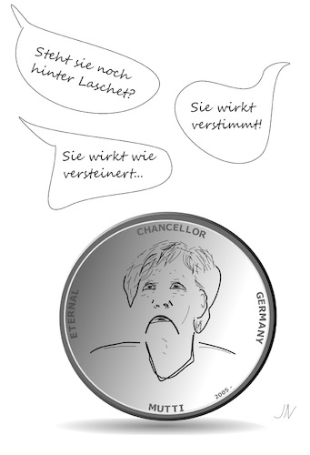 Cartoon: Verewigte Kanzlerin (medium) by Jochen N tagged bundeskanzlerin,bundeskanzler,merkel,bundestagswahl,mutti,angie,kanzlerkandidat,kanzlerin,gedenkmünze,münze,medaille,cdu,rücktritt,silber,laschet,scholz,baerbock,amt,nachfolge,ehre,versteinert,verstimmt