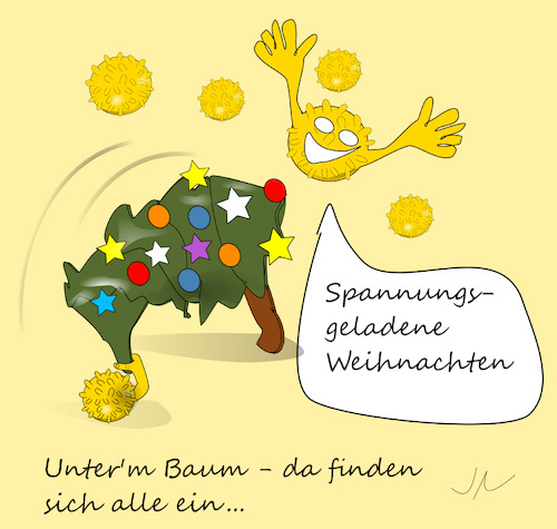 Cartoon: Virenschleuder (medium) by Jochen N tagged weihnachten,weihnachtsbaum,advent,spannung,spannend,aufregung,dehnung,corona,pandemie,impf,covid,19,lockdown,virus,viren,tod,krank