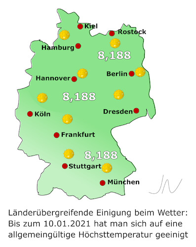 Cartoon: Wetterkarte (medium) by Jochen N tagged bund,länder,bundesländer,deutschland,einigung,vertrag,2021,wetter,sonne,temperatur,aussichten,winter,corona,pandemie,covid,19,impf,lockdown,biontech,virus,viren