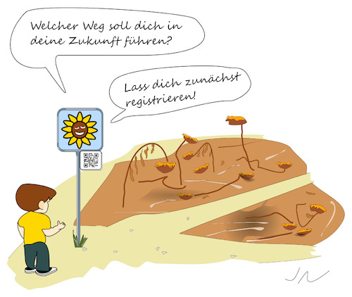 Cartoon: Zukunftsangst (medium) by Jochen N tagged schild,sonnenblumen,verblüht,dürre,qr,junge,kinder,zukunft,registrieren,anmelden,angst,klimawandel,klimakrise,umweltzerstörung,naturschutz,nachhaltigkeit,hohn,spott