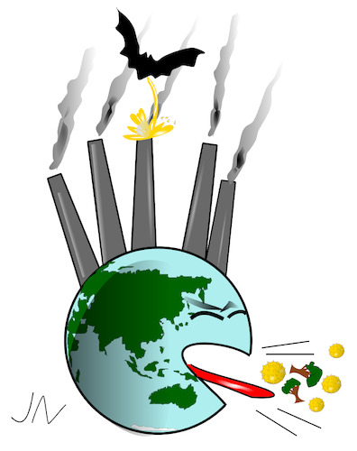 Cartoon: Zwischenwirt (medium) by Jochen N tagged industrie,abgas,schornstein,rauch,qualm,umwelt,umweltschutz,umweltzerstörung,klima,klimawandel,erderwärmung,erde,fledermaus,husten,pinkeln,urin,krank,baum,bäume,corona,pandemie,covid,19,lockdown,virus,viren