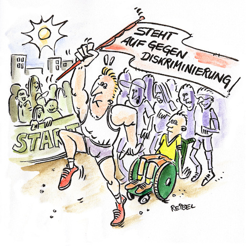 Cartoon: Aktivismus (medium) by REIBEL tagged demonstration,aktivist,diskriminierung,rollstuhl,sport,marathon,volkslauf,ehrenvoll,peinlich,missverständnis,demonstration,aktivist,diskriminierung,rollstuhl,sport,marathon,volkslauf,ehrenvoll,peinlich,missverständnis