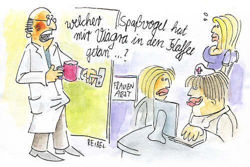 Cartoon: blaue pille (medium) by REIBEL tagged erektion,frauenarzt,streich,doktor,wartezimmer,peinlich,kaffee,viagra,erektion,frauenarzt,streich,doktor,wartezimmer,peinlich,kaffee