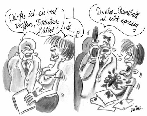 Cartoon: einladung (medium) by REIBEL tagged mobbing,pistole,paintball,büro,chef,treffen,schuss,farbe,enttäuschung