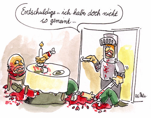 Cartoon: Fasching (medium) by REIBEL tagged fasching,karneval,party,ritter,schwert,blutbad,ärger,wohnung,reue,entschuldigung,fasching,karneval,party,ritter,schwert,ärger,wohnung,reue,entschuldigung