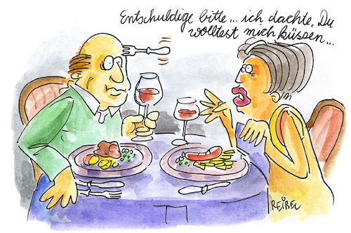 Cartoon: Gabelstich (medium) by REIBEL tagged gabel,date,frau,angst,stich,essen,romantik,mann,singles,gabel,date,frau,angst,stich,essen,romantik,mann,singles,restaurant,wein,gläser,missverständnis