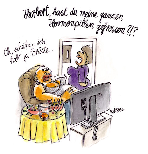 Cartoon: Hormonbehandlung (medium) by REIBEL tagged hormon,pille,mann,frau,fernsehen,essen,drops,busen,östrogen