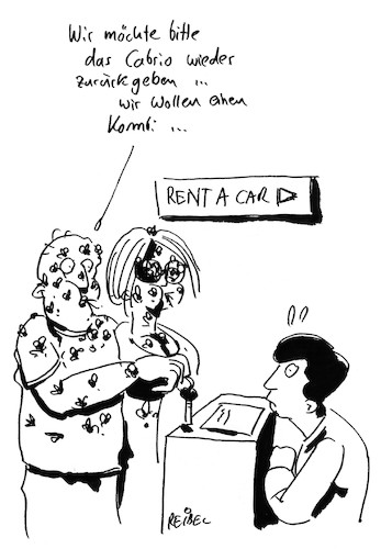 Cartoon: insektensterben (medium) by REIBEL tagged auto,vermietung,cabrio,kombi,fliegen,fahrtwind,reklamation,händler,tresen,verkaufsraum,insekten,sterben,urlauber,leihwagen,autoschlüssel,auto,vermietung,cabrio,kombi,fliegen,fahrtwind,reklamation,händler,tresen,verkaufsraum,insekten,sterben,urlauber,leihwagen,autoschlüssel