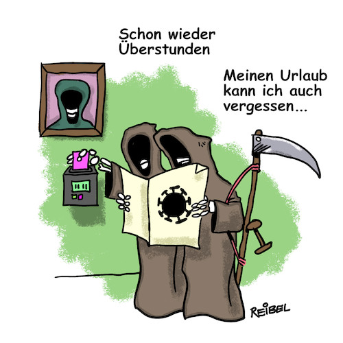 Cartoon: Mehrarbeit (medium) by REIBEL tagged corona,virus,arbeit,gewerkschaft,tod,work,epidemie,corona,virus,arbeit,gewerkschaft,tod,work,epidemie