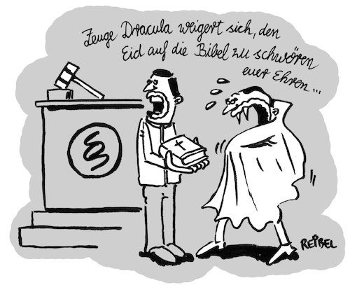 Cartoon: Schwurverzicht (medium) by REIBEL tagged gericht,eid,schwur,bibel,dracula,vampir,zeuge,jurist,gesetz,anwalt,angst,neurose,gericht,eid,schwur,bibel,dracula,vampir,zeuge,jurist,gesetz,anwalt,angst,neurose