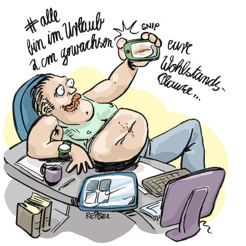 Cartoon: Selfie (medium) by REIBEL tagged selfie,smartphone,bauch,plauze,büro,fett,schreibtisch,foto,selfie,smartphone,bauch,plauze,büro,fett,schreibtisch,foto