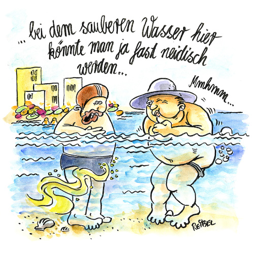 Cartoon: Spielverderber (medium) by REIBEL tagged urlaub,neid,urin,meer,wasser,sauber,verdreckt,baden,urlauber,peinlich,mallorca,ballermann