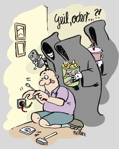 Cartoon: Tod schaut mit (medium) by REIBEL tagged strom,elektro,stromschlag,tod,sensenmann,amateur,haushalt,risiko,laie,popcorn,zuschauer,unfall,strom,elektro,stromschlag,tod,sensenmann,amateur,haushalt,risiko,laie,popcorn,zuschauer,unfall