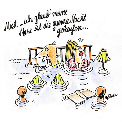 Cartoon: triefnase (medium) by REIBEL tagged nase,laufen,erkältung,schnupfen,bett,schlafen,überschwemmung,schlafzimmer,ehe,nase,laufen,erkältung,schnupfen,bett,schlafen,überschwemmung,schlafzimmer,ehe