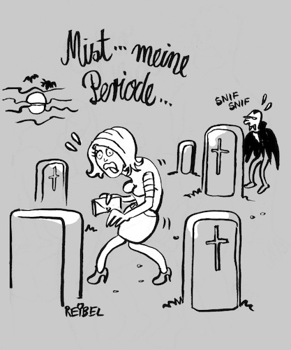 Cartoon: Vampirfieber (medium) by REIBEL tagged vampir,periode,riechen,blut,friedhof,grabstein,nacht,angst,schrecken,dracula