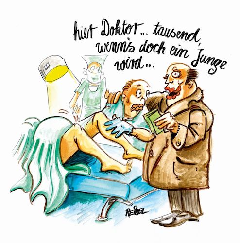 Cartoon: Wunschkind (medium) by REIBEL tagged geburt,vater,baby,käuflich,naiv,bestechung,arzt,krankenhaus,hebamme,reich