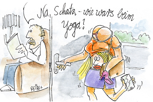 Cartoon: Yogastunde (medium) by REIBEL tagged yoga,fitness,frau,sport,mann,zeitung,modern,smartphone,verdreht,heimkommen,yoga,fitness,frau,sport,mann,zeitung,modern,smartphone,verdreht,heimkommen