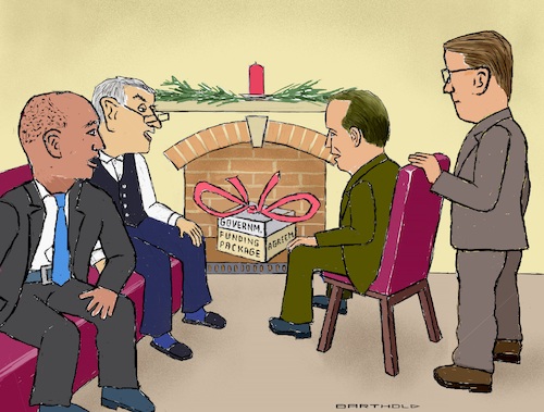 Cartoon: All Hope Lies in Santa Claus (medium) by Barthold tagged usa,negotiations,end,shutdown,delay,no,solution,hakeem,jeffries,chuck,schumer,democrats,john,thune,mike,johnson,republicans,senators,close,to,fireplace,christmas,present,agreement,box,red,sleeve,cartoon,caricature,barthold,usa,negotiations,end,shutdown,delay,no,solution,hakeem,jeffries,chuck,schumer,democrats,john,thune,mike,johnson,republicans,senators,close,to,fireplace,christmas,present,agreement,box,red,sleeve,cartoon,caricature,barthold