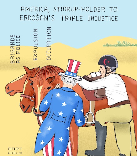 Cartoon: America Stirrup-Holder to Erdog. (medium) by Barthold tagged turkish,invasion,north,syria,american,mediation,negotiation,occupation,expulsion,displacement,population,replacement,violation,international,law,human,rights,kurds,sdf,ypg,fsa,turkey,erdogan,trump,pence,pompeo,triple,headed,horse,brigand