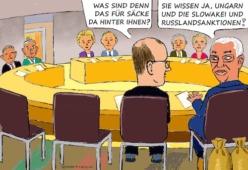 Cartoon: Antonio Costa ist gewappnet! (medium) by Barthold tagged eu,gipfel,gipfeltreffen,juni,2025,brüssel,ziel,sanktionspaket,russland,ablehnung,robert,fico,viktor,orban,gedankenspiel,bestechung,korruption,geldsäcke,personen,slovake,ungar,ursula,leyen,friedrich,merz,antonio,costa,europäischer,rat,consilium,cartoon,karikatur,barthold,eu,gipfel,gipfeltreffen,juni,2025,brüssel,ziel,sanktionspaket,russland,ablehnung,robert,fico,viktor,orban,gedankenspiel,bestechung,korruption,geldsäcke,personen,slovake,ungar,ursula,leyen,friedrich,merz,antonio,costa,europäischer,rat,consilium,cartoon,karikatur,barthold