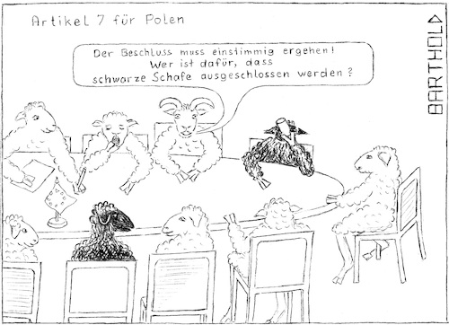 Cartoon: Anwendung von Art. 7 auf Polen (medium) by Barthold tagged polen,ungarn,artikel7,artikel,eu,vertrag,verlustderstimmrechte,verlust,stimmrechte,suspendierung,mitgliedschaft,aufhebung,gewaltenteilung,unabhängigkeit,justiz,verfassungsänderung,pis,beata,szydlo,duda,jaroslaw,kaczynski,schaf,schwarz,konferenz,meeting