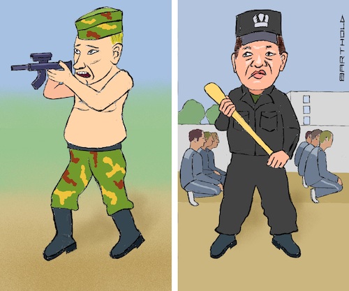 Cartoon: Autocrats Reveal their True Col. (medium) by Barthold tagged autocrats,wladimir,putin,xi,jinping,revelation,true,colors,damage,official,image,war,maltreatment,abuse,uigures,xinjiang,police,files,rifle,aiming,baton,club,cartoon,caricature,barthold,autocrats,wladimir,putin,xi,jinping,revelation,true,colors,damage,official,image,war,maltreatment,abuse,uigures,xinjiang,police,files,rifle,aiming,baton,club,cartoon,caricature,barthold