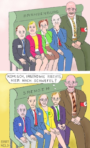 Cartoon: Beengte Demokratie (medium) by Barthold tagged landtagswahlen,2019,brandenburg,sachsen,ingo,senftleben,kathrin,danneberg,ursula,nonnemacher,dietmar,woidke,andreas,kalbitz,rico,gebhardt,linke,martin,dulig,spd,katja,meier,grüne,michael,kretschmer,cdu,jörg,urban,afd