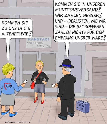 Cartoon: Begehrtes Humankapital (medium) by Barthold tagged karstadt,filialschließungen,personalausgang,awo,rheinmetall,werbung,anwerbung,mitarbeiter,visitenkarte,für,erschossene,projektil,gratis,cartoon,karikatur,barthold,karstadt,filialschließungen,personalausgang,awo,rheinmetall,werbung,mitarbeiter,cartoon,karikatur,barthold