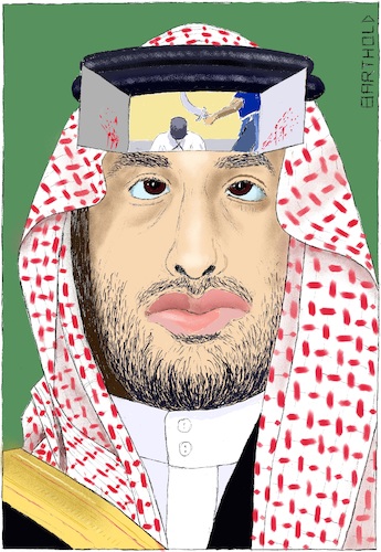 Cartoon: Behind the Face of Saudi Arabia (medium) by Barthold tagged crown,prince,mohammed,bin,salman,saui,arabia,jamal,khashoggi,journalist,murder,consulate,istanbul,crime,beheading,execution,middle,age,shariah,islamic,law,face,portrait,headscarf,keffiyeh,human,rights,violation