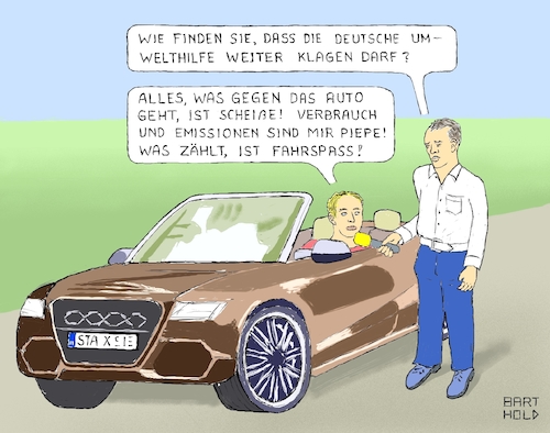 Cartoon: BGH bestätigt Klageprax. der DUH (medium) by Barthold tagged autohändler,ropprecht,wernberg,köblitz,württemberg,klagepraxis,duh,urteil,autofahrer,cabrio,fahrspaß,verbrauch,emissionen,verbraucherschutz,falsche,angaben,wettbewerbsverstoß,jürgen,resch