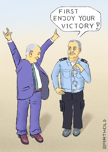 Cartoon: Bibi can look confidently forwd. (medium) by Barthold tagged israel,parliament,election,march,2020,victory,benjamin,netanyahu,likud,awaiting,prosecution,corruption,bribery,granting,undue,advantage,policeman,handcuffs,caricature,barthold,israel,parliament,election,march,2020,victory,benjamin,netanyahu,likud,awaiting,prosecution,corruption,bribery,granting,undue,advantage,policeman,handcuffs,caricature,barthold