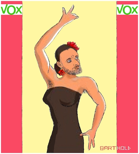 Cartoon: Big Effort - Little Profit (medium) by Barthold tagged spain,parliament,elections,2019,vox,right,wing,populistic,party,santiago,abascal,leader,flamenco,dancer,political,seduction,stuffed,bra