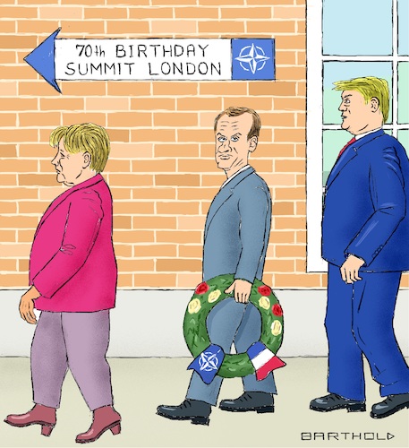 Cartoon: Birthday Gift (medium) by Barthold tagged nato,summit,december,03,04,2019,grove,hotel,hertfortshire,angela,merkel,emmanuel,macron,donald,trump,brain,death,sepulcher,wreath,ribbon,logo,french,flag,tricolore,70th,birthday,year