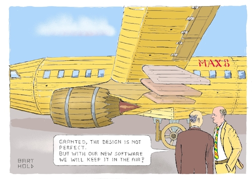 Cartoon: Boeing - the Art of Engineering (medium) by Barthold tagged boeing,737,max,plane,crash,mcas,maneuvering,characteristics,augmentation,system,timber,reliability,inherent,safety