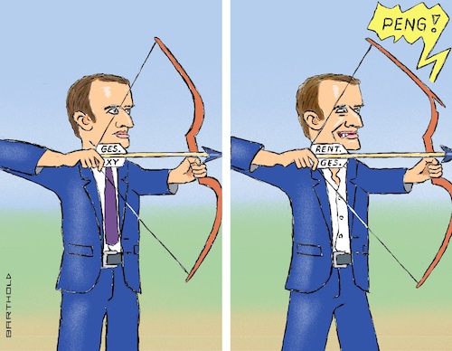 Cartoon: Bogenschütze Macron (medium) by Barthold tagged frankreich,emmanuel,macron,rentenreform,gesetzgebung,ohne,umgehung,parlament,bevölkerung,abgeordnete,wut,möglichkeit,misstrauensvotum,bogen,überspannen,bruch,cartoon,karikatur,barthold,frankreich,emmanuel,macron,rentenreform,gesetzgebung,ohne,umgehung,parlament,bevölkerung,abgeordnete,wut,möglichkeit,misstrauensvotum,bogen,überspannen,bruch,cartoon,karikatur,barthold