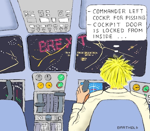 Cartoon: Boris in the Role of A. Lubitz (medium) by Barthold tagged boris,johnson,prime,minister,britain,hard,brexit,disregard,parliament,democratic,rules,andreas,lubitz,german,pilot,suicide,french,alps,occupied,airliner,germanwings,2015,cockpit,nocturnal,city,bright,lettering,yoke,instruments,airplane,crash,prorogation