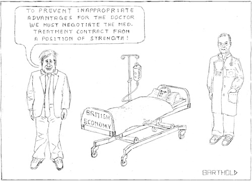 Cartoon: BREXIT Who depends on whom? (medium) by Barthold tagged conservative,party,conference,2018,birmingham,boris,johnson,michel,barnier,european,union,united,kingdom,brexit,bedside,patient,tory,doctor,infusion,bottle,medical,treatment,contract,economy,trade,banking,services