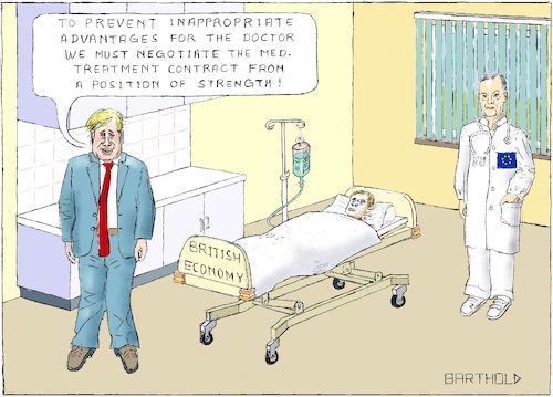 Cartoon: BREXIT Who depends on whom? (medium) by Barthold tagged conservative,party,conference,2018,birmingham,boris,johnson,michel,barnier,european,union,united,kingdom,brexit,bedside,patient,tory,doctor,infusion,bottle,medical,treatment,contract,economy,trade,banking,services
