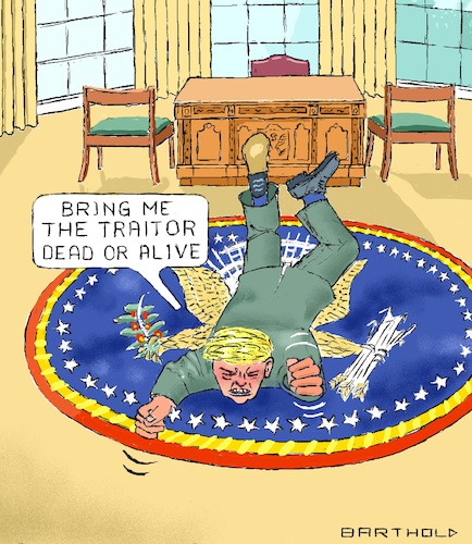 Cartoon: Calmness Indicates Superiority (medium) by Barthold tagged donald,trump,president,ukraine,affair,biden,zelensky,whistleblower,cia,threat,treatening,revilement,leak,white,house,staff,traitor,treason,oval,office,carpet,furor