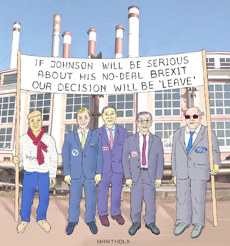Cartoon: Car Companies will Leave Britain (medium) by Barthold tagged hard,nodeal,brexit,boris,johnson,automotive,industrie,oliver,zipse,bmw,psa,peugeot,citroen,hiroto,saikawa,nissan,takahiro,hachigo,honda,james,hackett,ford