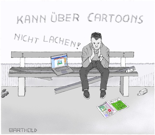 Cartoon: Cartoon-Krise (medium) by Barthold tagged depression,depressiver,lachen,cartoon,muffel,trauer,krise,humorlos,sinn,bank,laptop,magazin,charlie,hebdo,spraydose,hundehaufen,bierflasche,graffiti