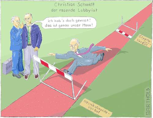 Cartoon: Chr. Schmidt d. rasende Lobbyist (medium) by Barthold tagged glyphosat,monsanto,neonikotinoide,insektizid,herbizid,clothianidin,imidacloprid,bayer,ag,thiamethoxam,syngeta,insektensterben,bienensterben,christian,schmidt,landwirtschaftsminister,lobbyist,csu,aschenbahn,hürdenlauf,hürdenläufer,hürden