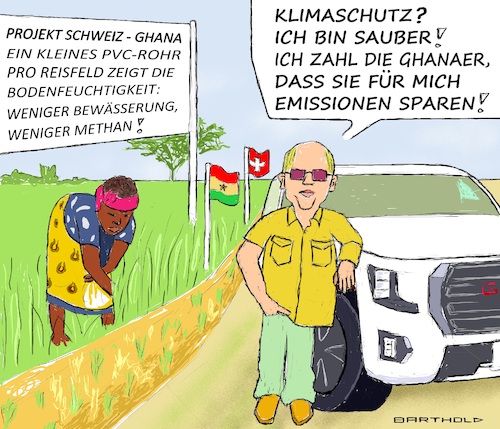 Cartoon: D. Klimaanstrengungen d. Schweiz (medium) by Barthold tagged schweiz,klimazusagen,pariser,abkommen,länder,dritten,welt,vermeidung,änderungen,gefährdung,wohlstand,ghana,reduktion,methanemissionen,reisanbau,reisbäuerin,schweizer,suv,cartoon,karikatur,barthold,magazin,süddeutsche,saubere,bilanz,svenja,beller,schweiz,erfüllung,klimazusagen,pariser,abkommen,länder,dritten,welt,lowhanging,fruits,vermeidung,änderungen,eigenen,land,gefährdung,wohlstand,ghana,reduktion,methanemissionen,reisnanbau,minimale,kosten,reisbäuerin,schweizer,suv,cartoon,karikatur,barthold,magazin,süddeutsche,zeitung,saubere,bilanz,svenja,beller