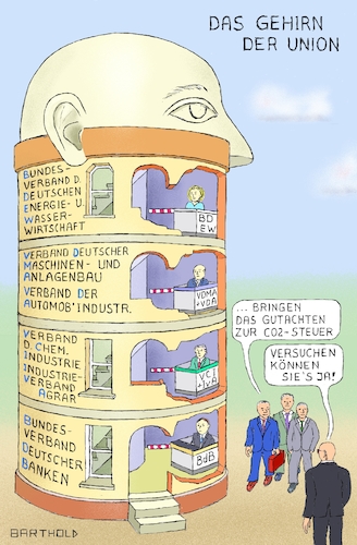 Cartoon: Das Gehirn der Union (medium) by Barthold tagged union,cdu,csu,gehirn,lobbyismus,bundesverband,energiewirtschaft,wasserwirtschaft,verband,maschinenbau,anlagenbau,automobilindustrie,chemische,industrie,agrarindustrie,deutsche,banken,turm,schlagbaum,wirtschaftsweise,gutachten,co2,steuer,security,barriere