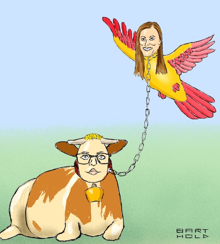 Cartoon: Das neue Führungsduo (medium) by Barthold tagged linken,parteivorsitzende,führungsduo,susanne,hennig,wellsow,thüringen,janine,wissler,hessen,heterogen,kuh,bodenständig,vogel,hochfliegend,kette,cartoon,karikatur,barthold,linken,parteivorsitzende,führungsduo,susanne,henning,wellsow,thüringen,janine,wissler,hessen,heterogen,kuh,bodenständig,vogel,hochfliegend,kette,cartoon,karikatur,barthold