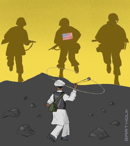 Cartoon: David Expels Goliath (medium) by Barthold tagged afghanistan,taleban,muslim,fundamentalism,theocracy,shariah,withdrawal,nato,usa,allied,fight,biblical,story,david,goliath,sling,slingshot,flying,soldiers,cartoon,caricature,barthold,afghanistan,taleban,muslim,fundamentalism,theocracy,shariah,withdrawal,nato,usa,allied,fight,biblical,story,david,goliath,sling,slingshot,flying,soldiers,cartoon,caricature,barthold