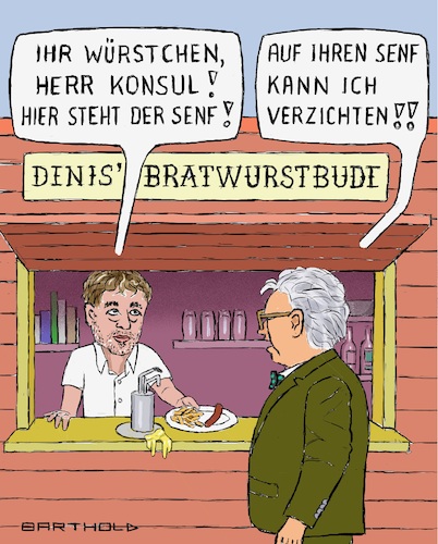 Cartoon: Denis Yücels Bratwurstbude (medium) by Barthold tagged deniz,denis,yücel,vorsitzender,pen,club,einsatz,flugverbotszone,ukraine,umstritten,anfeindungen,rücktritt,vorstand,knappe,bestätigung,verzicht,annahme,wahl,vergleich,bratwurstbude,redewendung,senf,dazugeben,cartoon,karikatur,barthold,denis,yücel,vorsitzender,pen,club,einsatz,flugverbotszone,ukraine,umstritten,anfeindungen,rücktritt,vorstand,knappe,bestätigung,verzicht,annahme,wahl,vergleich,bratwurstbude,redewendung,senf,dazugeben,cartoon,karikatur,barthold